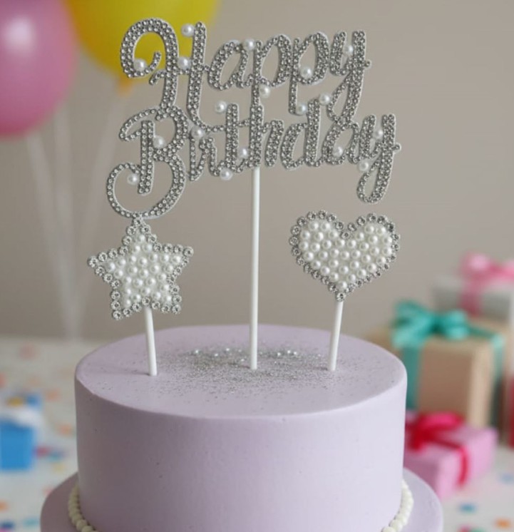 GÜMÜŞ TAŞLI VE İNCİLİ 3'LÜ HAPPY BIRTHDAY PASTA SÜSÜ SETİ - YILDIZ VE KALP DETAYLI