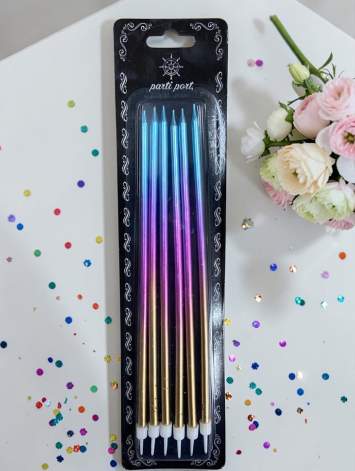 LÜKS RENK GEÇİŞLİ 20 CM İNCE ÇUBUK PASTA MUMU - 6 ADETLİ OMBRE SET