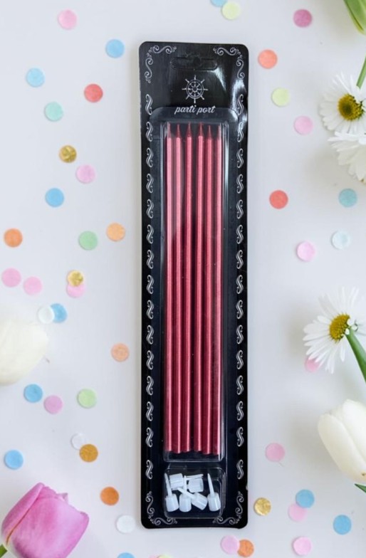 METALİK KIRMIZI 15 CM LÜKS İNCE ÇUBUK PASTA MUMU - 6 ADETLİ ÖZEL SET