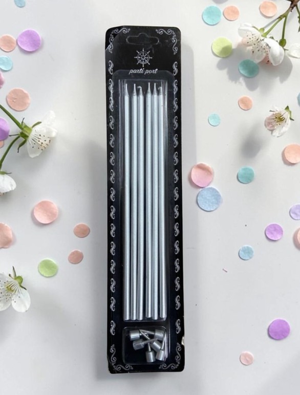 METALİK GÜMÜŞ 15 CM LÜKS İNCE ÇUBUK PASTA MUMU - 6 ADETLİ ÖZEL SET