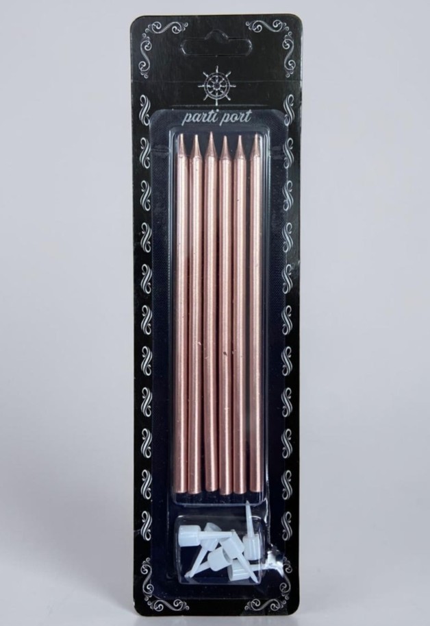 ROSE GOLD RENK 20 CM LÜKS İNCE ÇUBUK PASTA MUMU - 6 ADETLİ ÖZEL SET