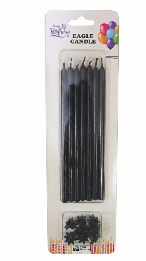 SİYAH RENK 20 CM LÜKS İNCE ÇUBUK PASTA MUMU - 6 ADETLİ ÖZEL SET