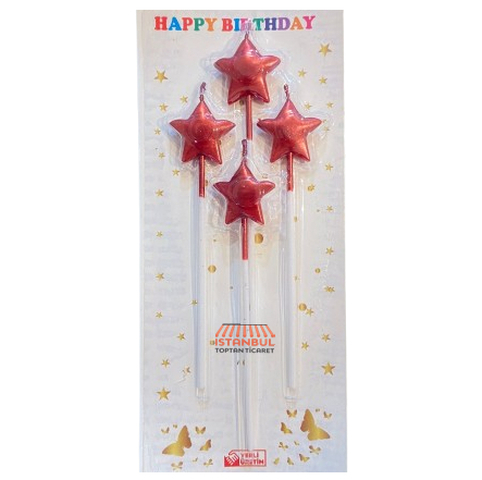 Metali̇k Kirmizi Yildiz Fi̇gürlü 14 Cm Lüks Çubuk Pasta Mumu - 4 Adetli̇ Özel Set
