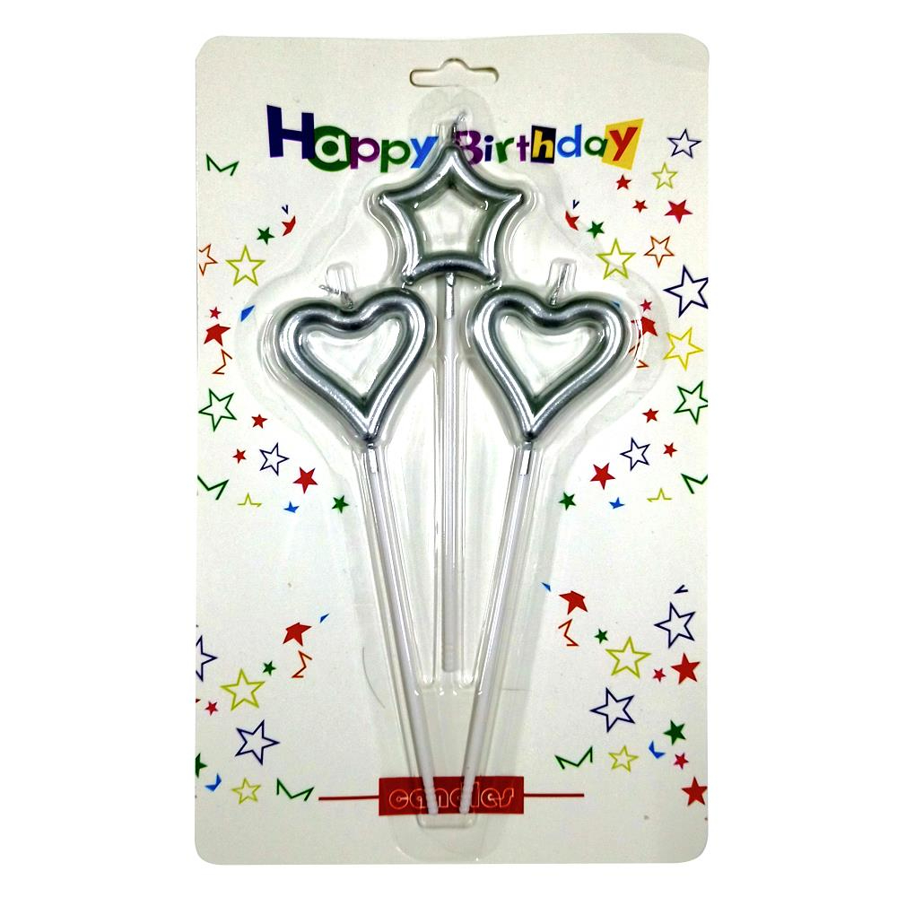 Metali̇k Gümüş İ̇çi̇ Boş Yildiz Ve Kalp Fi̇gürlü 10 Cm Pasta Mumu - 3'lü Kombi̇n Set