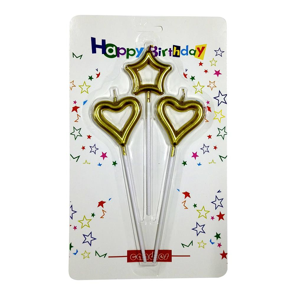 Metali̇k Gold İ̇çi̇ Boş Yildiz Ve Kalp Fi̇gürlü 15 Cm Pasta Mumu - 3'lü Kombi̇n Set