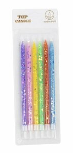 HOLOGRAFİK SİMLİ RENGARENK PASTA MUMU - 14 CM EKSTRA UZUN VE IŞILTILI 6 ADET