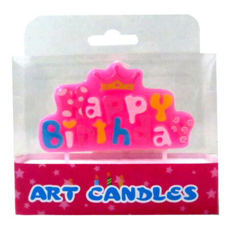 PEMBE TAÇ TEMALI HAPPY BIRTHDAY PASTA MUMU - 8X7 CM TEK PARÇA NEŞELİ TASARIM