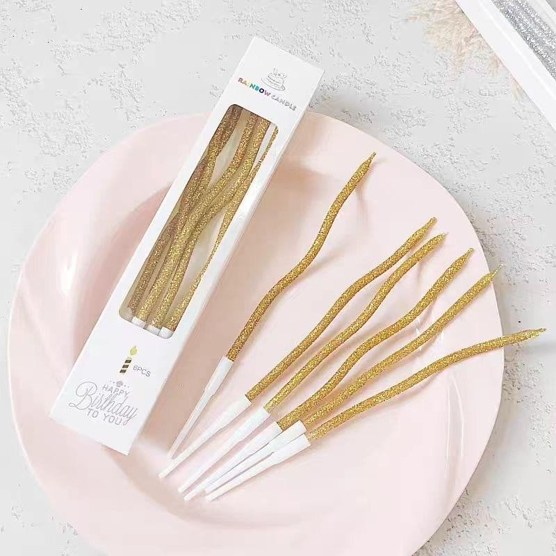 SİMLİ GOLD DALGALI PASTA MUMU SETİ - 16 CM EKSTRA UZUN VE IŞILTILI 6 ADET
