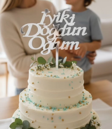 GÜMÜŞ PLEKSİ "İYİKİ DOĞDUN OĞLUM" PASTA SÜSÜ (TOPPER) - 12X11 CM AYNALI ŞIK TASARIM