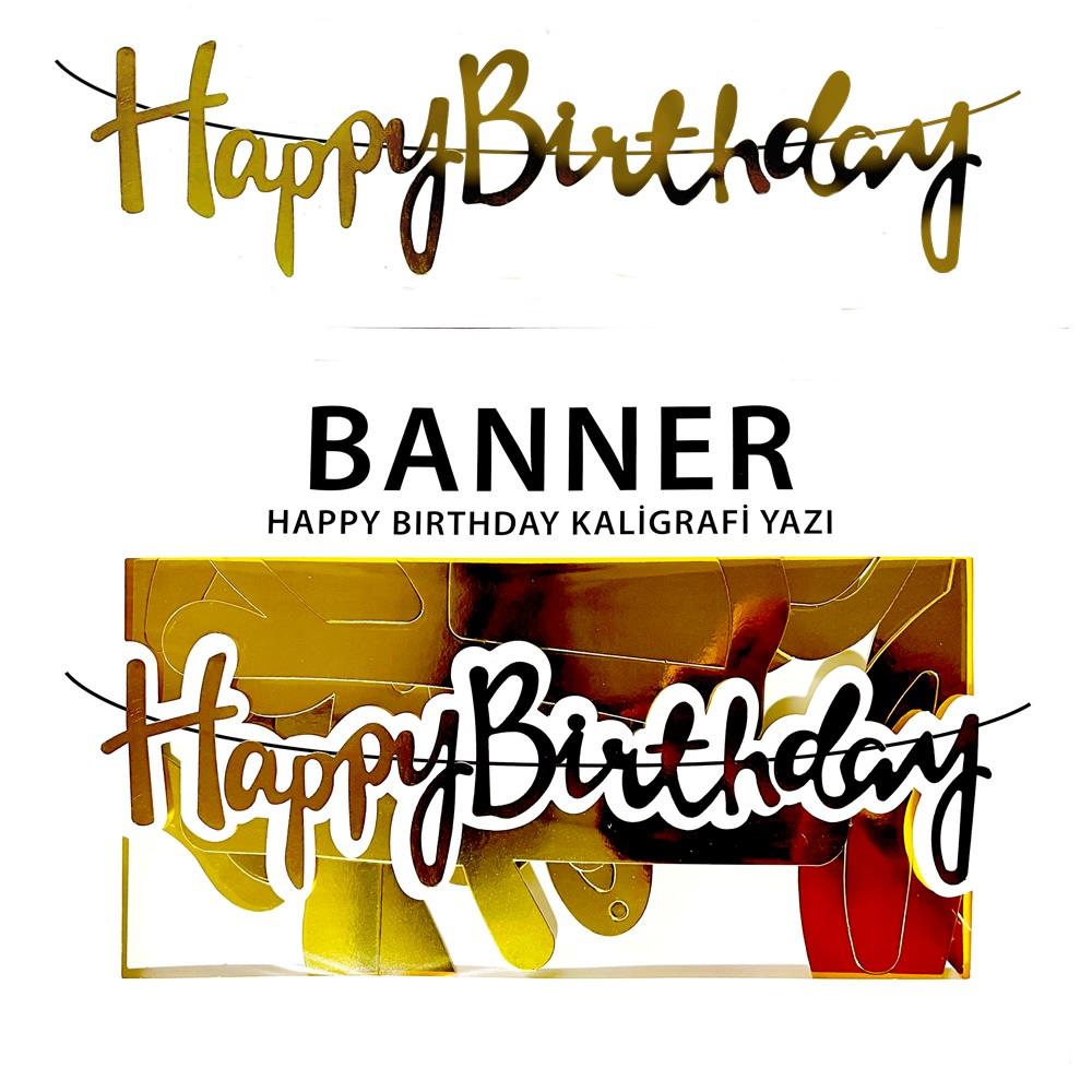 GOLD KALİGRAFİ "HAPPY BIRTHDAY" BANNER - IŞILTILI VE MODERN DOĞUM GÜNÜ AFİŞİ