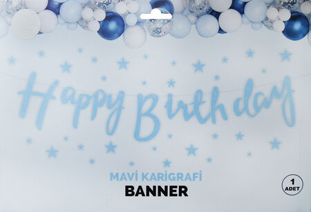 MAVİ KALİGRAFİ "HAPPY BIRTHDAY" BANNER - 1 ADET DEKORATİF DOĞUM GÜNÜ AFİŞİ