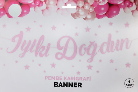 PEMBE KALİGRAFİ "İYİKİ DOĞDUN" BANNER - 1 ADET DEKORATİF DOĞUM GÜNÜ AFİŞİ
