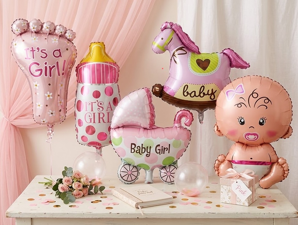 PEMBE KALPLİ "HAPPY BIRTHDAY" FOLYO BALON SETİ - BEBEK FİGÜRLÜ DOĞUM GÜNÜ VE BABY SHOWER DEKORU
