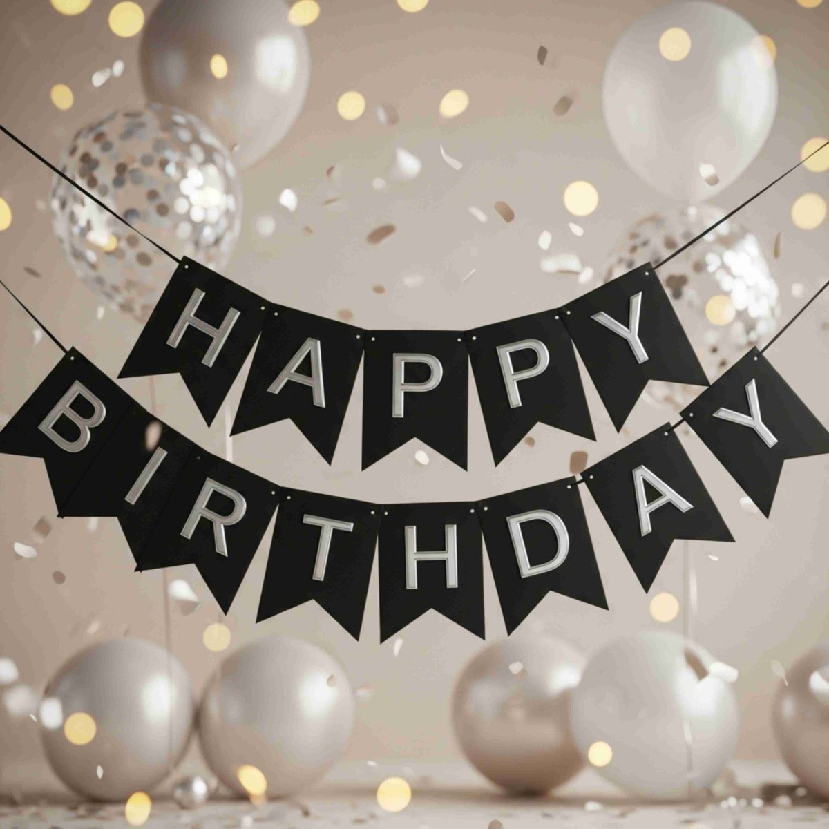 SİYAH ÜZERİ GÜMÜŞ YAZILI "HAPPY BIRTHDAY" BANNER - ŞIK VE MODERN DOĞUM GÜNÜ FLAMA SETİ
