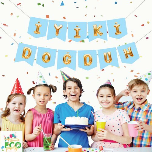MAVİ ÜZERİ GOLD YAZILI "İYİKİ DOĞDUN" BANNER - ŞIK VE EĞLENCELİ DOĞUM GÜNÜ FLAMA SETİ