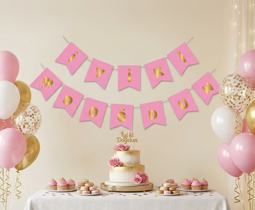 PEMBE ÜZERİ GOLD YAZILI "İYİ Kİ DOĞDUN" BANNER - ZARİF VE ŞIK DOĞUM GÜNÜ FLAMA SETİ