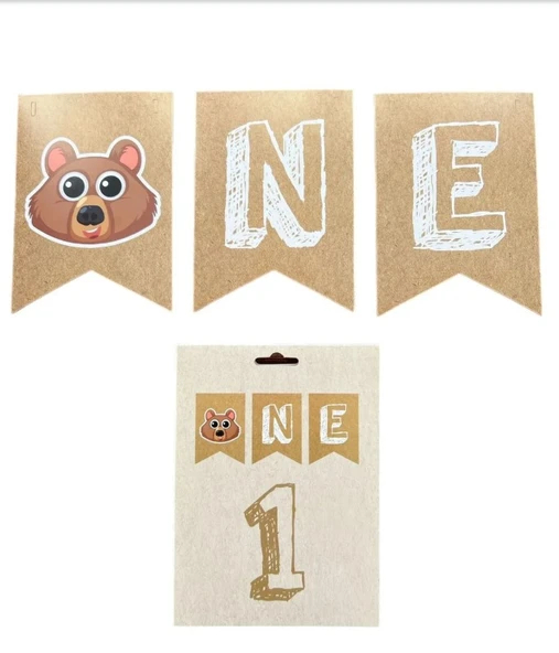 AYICIK TEMALI KRAFT "ONE" BANNER - 3 PARÇA ŞIK 1. YAŞ DOĞUM GÜNÜ FLAMA SETİ