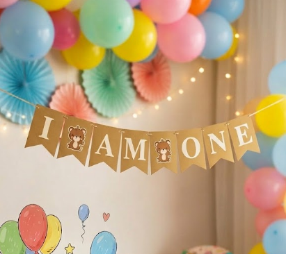AYICIK TEMALI KRAFT "I AM ONE" BANNER - BEBEK 1. YAŞ DOĞUM GÜNÜ FLAMA SETİ