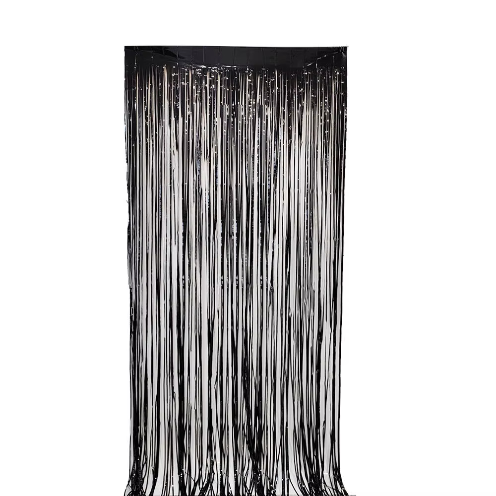 SİYAH METALİK PÜSKÜLLÜ ARKA FON PERDESİ - 90X200 CM KARİZMATİK PARTİ DEKORASYONU