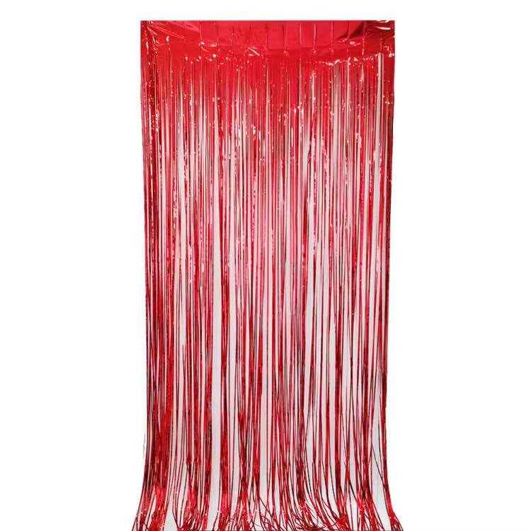 KIRMIZI METALİK PÜSKÜLLÜ ARKA FON PERDESİ - 90X200 CM CANLI PARTİ DEKORASYONU