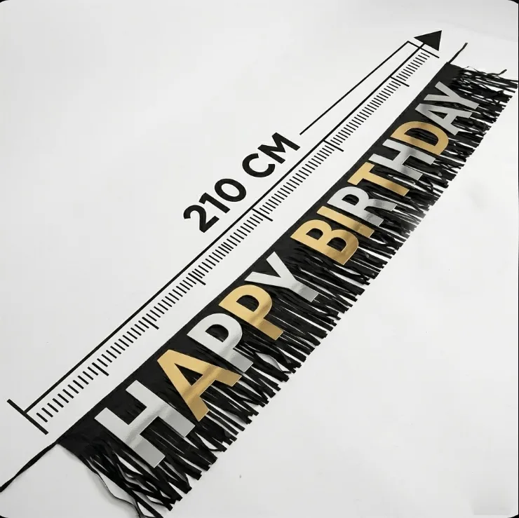Happy Birthday Si̇yah Püsküllü Banner – 210 Cm Gold Ve Gümüş Harfli̇ Parti̇ Pankarti