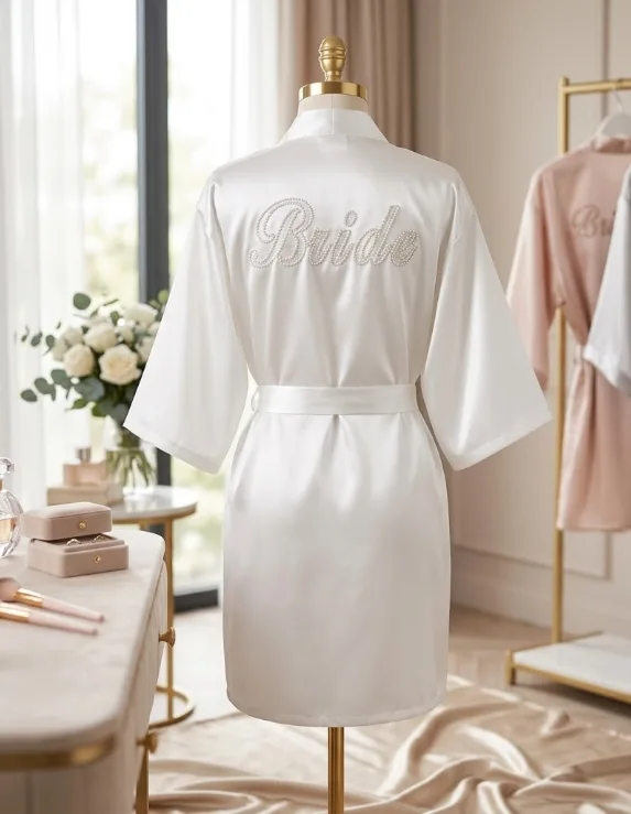 Beyaz Saten Geli̇n Sabahliği – İ̇nci̇ İ̇şlemeli̇ "bride" Yazili