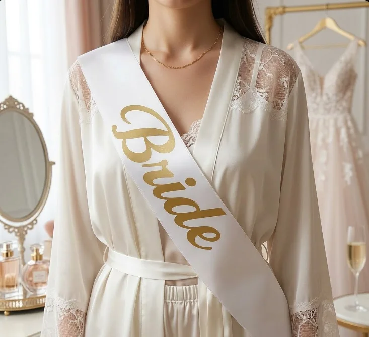 Beyaz Saten Gold Baskili "bride" Kuşaği – Geli̇n Adaylari İ̇çi̇n Şik Bekarliğa Veda Aksesuari