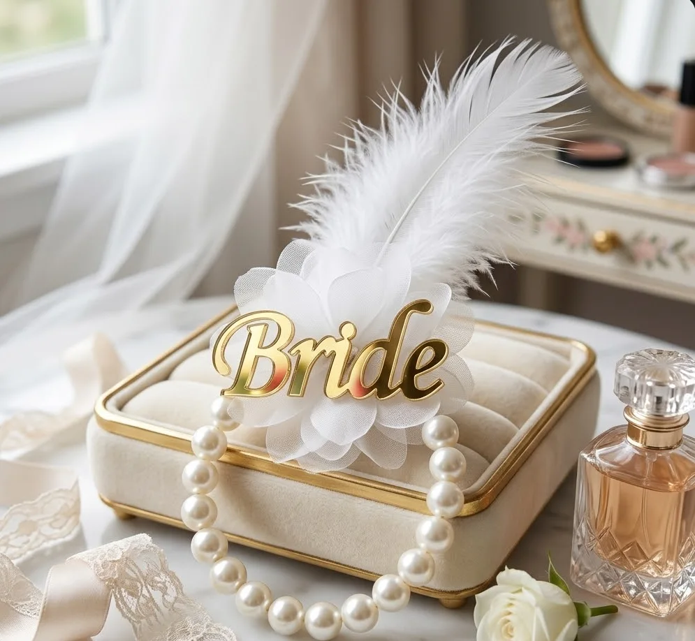 Gold "bride" Yazili Tüylü Ve İ̇̇̇nci̇ Detayli Geli̇n Aksesuari – Özel Tasarim Bekarliğa Veda Ve Düğün Sabahi Detayi