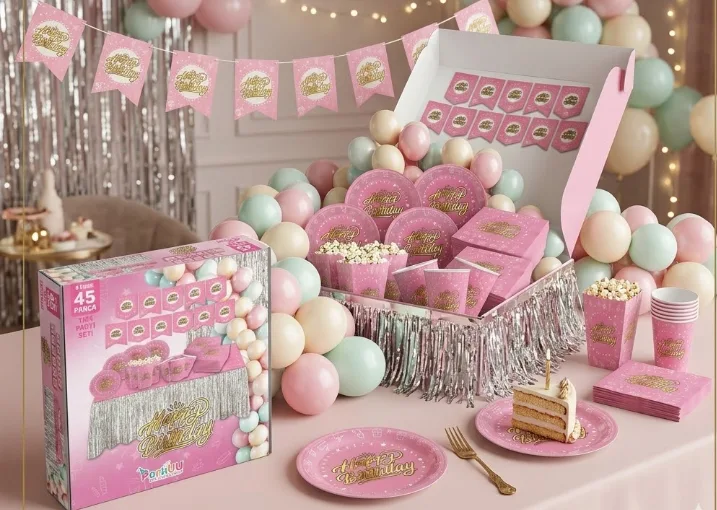 Pembe Ve Gümüş Renkli̇ Happy Bi̇rthday Lüks Doğum Günü Parti̇ Seti̇ – 45 Parça - Parti̇ Vi̇va