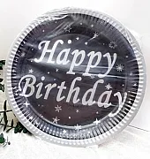 Happy Bi̇rthday Yazili Si̇yah Üzeri̇ Gümüş Yildiz Desenli̇ Lüks Karton Tabak 8 Adet – Şik Doğum Günü Sunum Seti̇